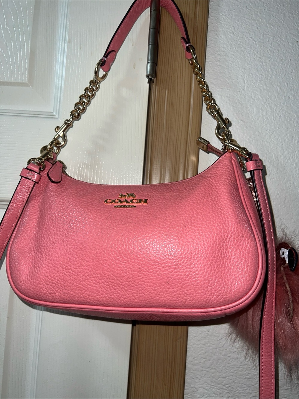 Coach Pink Pebbled Leather Shoulder Bag with Gold Chain